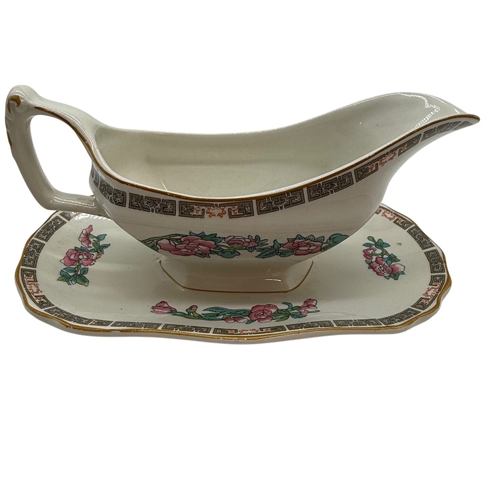 Wood & Sons Indian Tree Gravy Boat Underplate Burslem England‎ Floral Gold Trim